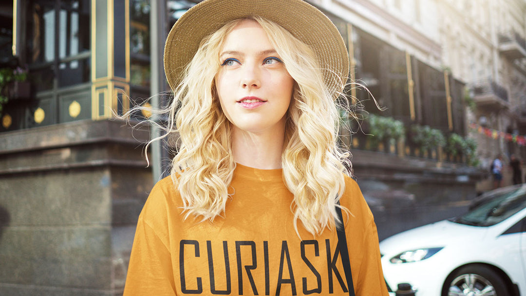 Printed Women's T Shirt with Curiask Brand Print in Orange | Short Sleeve Soft Graphic Tee by Curiask