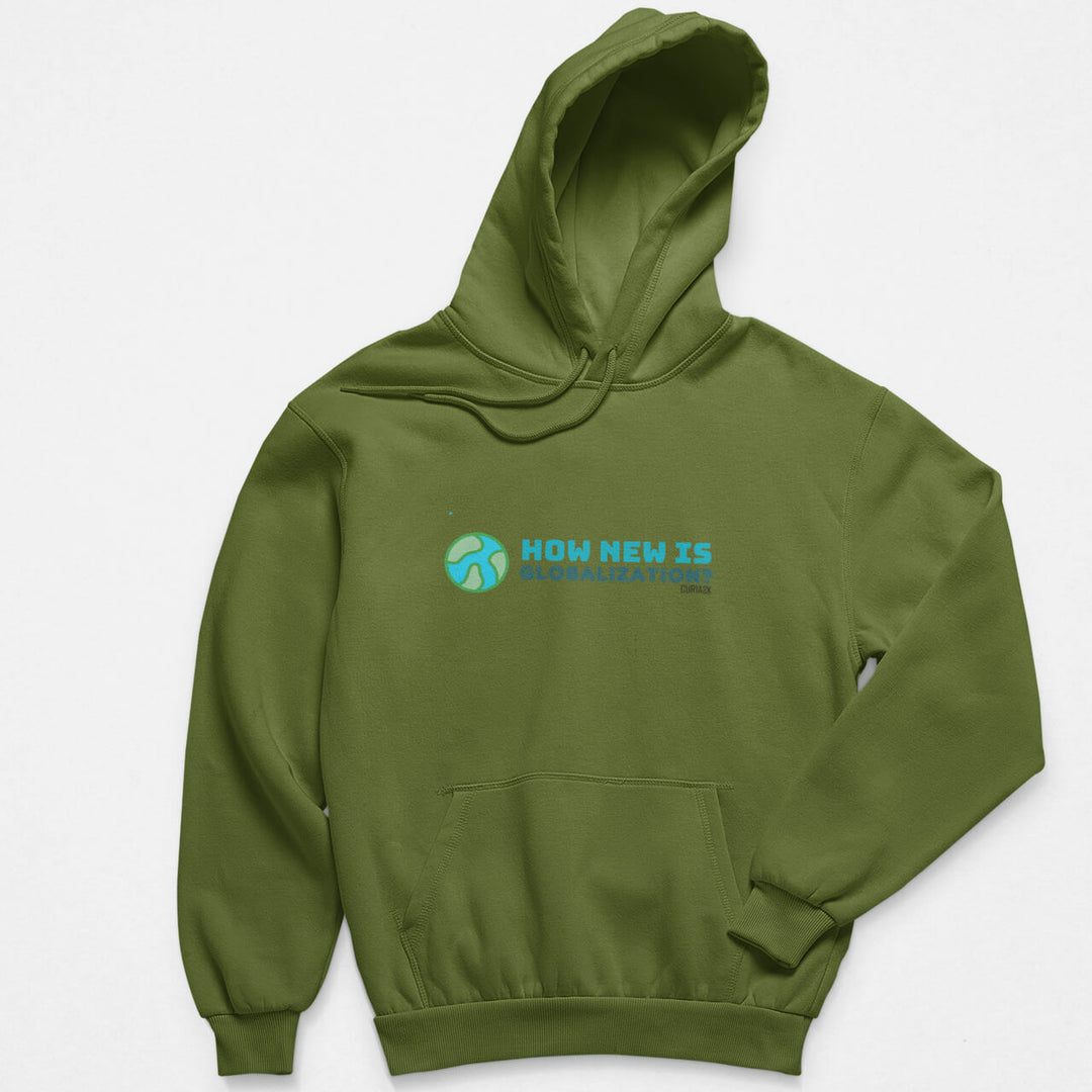 Printed Adult Hoodie with 'How New is Globalization?' Print in Forest Green | Long Sleeve Soft Graphic Hoodies by Curiask