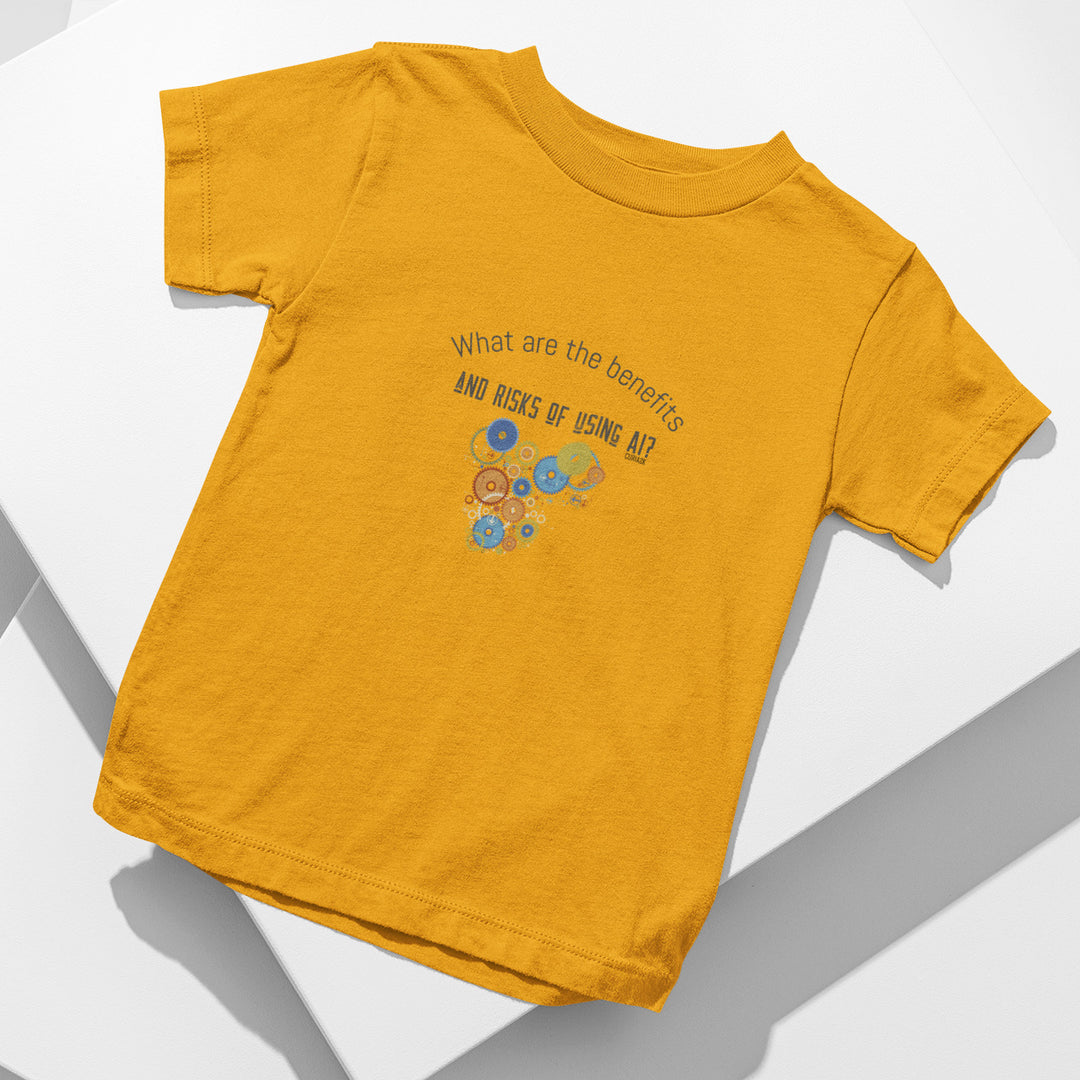 Kids T-Shirt with question What the benefits and risks of using AI printed on it. Color is Gold.