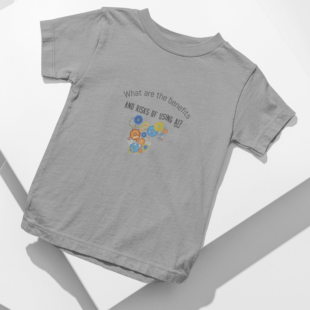 Kids T-Shirt with question What the benefits and risks of using AI printed on it. Color is Gray.