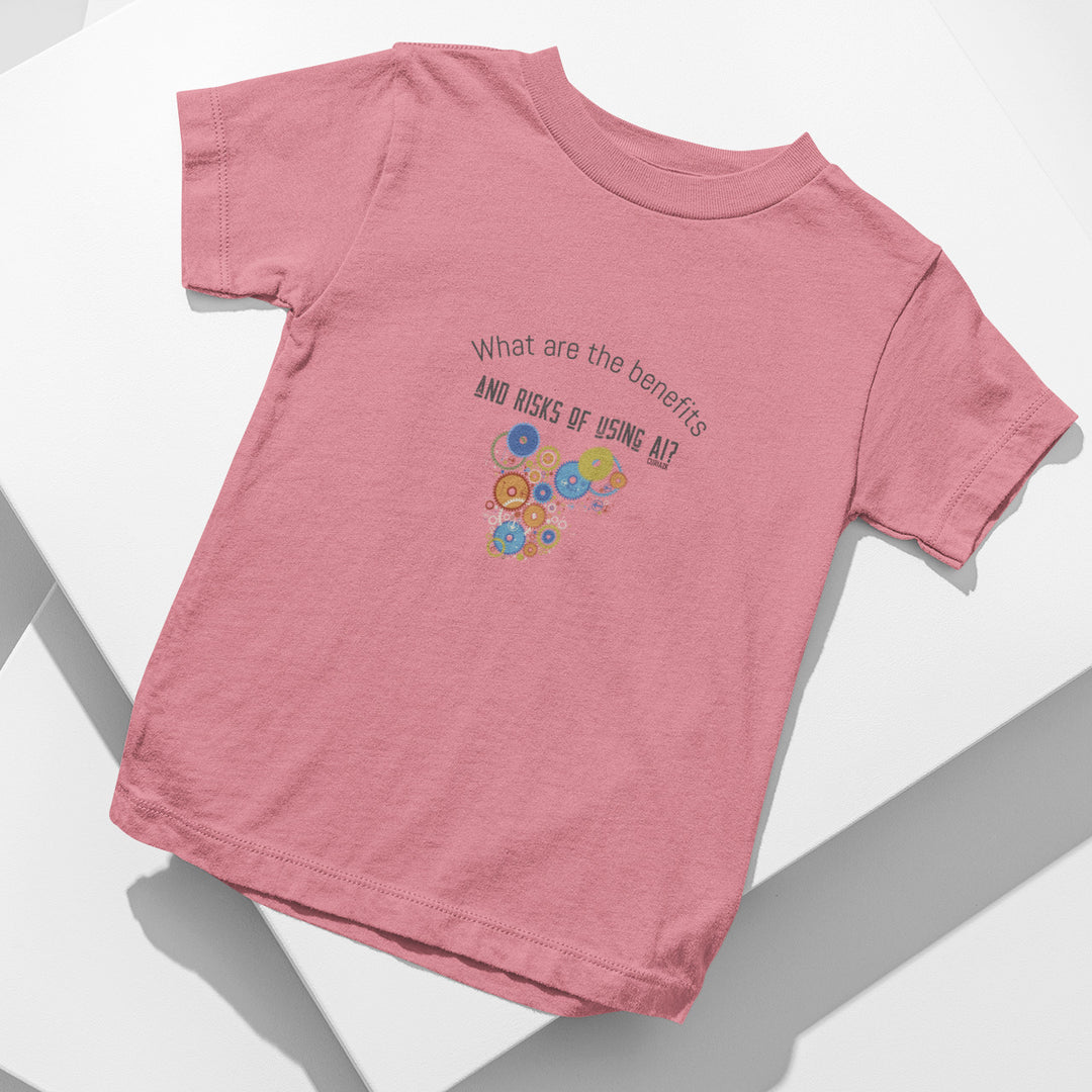 Kids T-Shirt with question What the benefits and risks of using AI printed on it. Color is Pink.