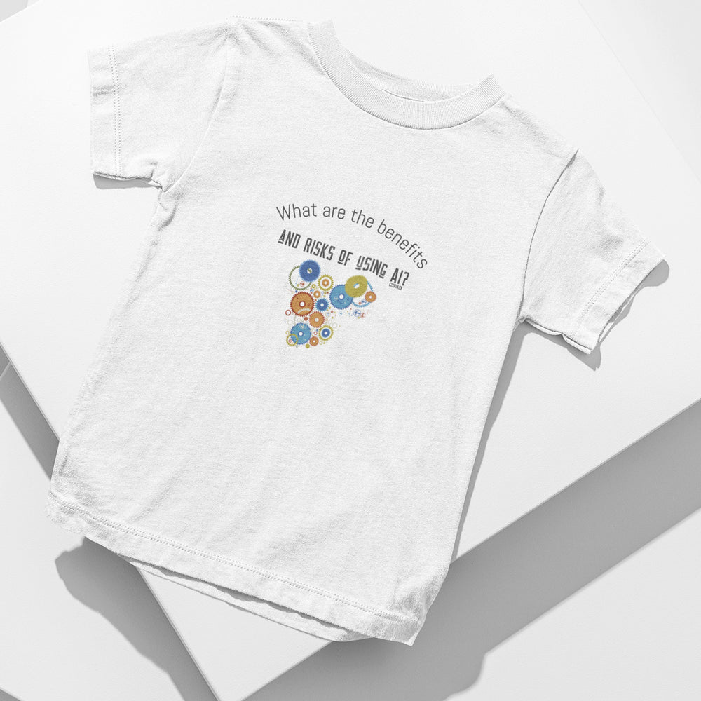 Kids T-Shirt with question What the benefits and risks of using AI printed on it. Color is White.
