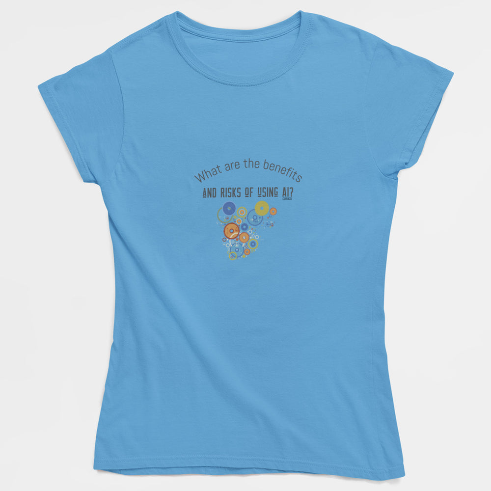 Adults T-Shirt with question What the benefits and risks of using AI printed on it. Color is Caroline Blue.