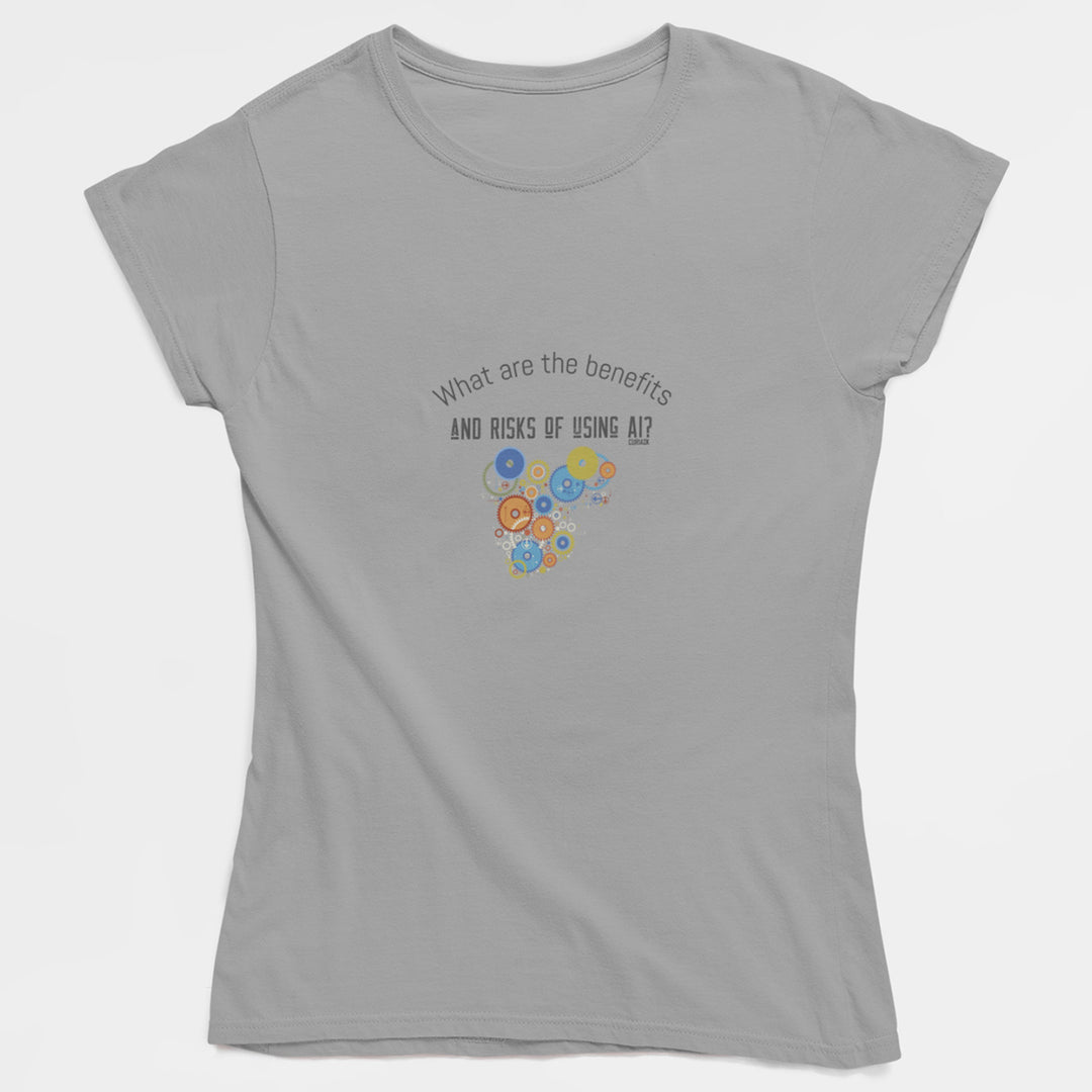 Adults T-Shirt with question What the benefits and risks of using AI printed on it. Color is Gray.