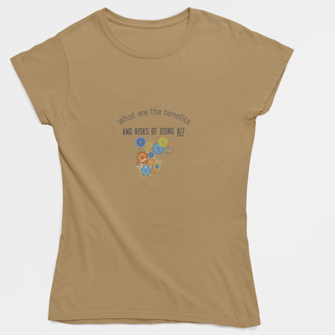 Adults T-Shirt with question What the benefits and risks of using AI printed on it. Color is Tan.