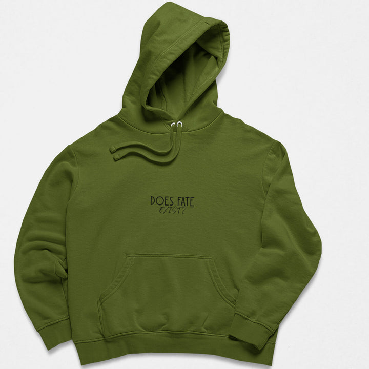 Printed Adult Hoodie with 'Does Fate Exist?' Print in Army Green | Long Sleeve Soft Graphic Hoodies by Curiask