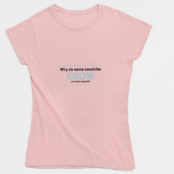 Adult's T-Shirt with Question Why do some countries grow and others stagnate printed on it. Color is Pink.
