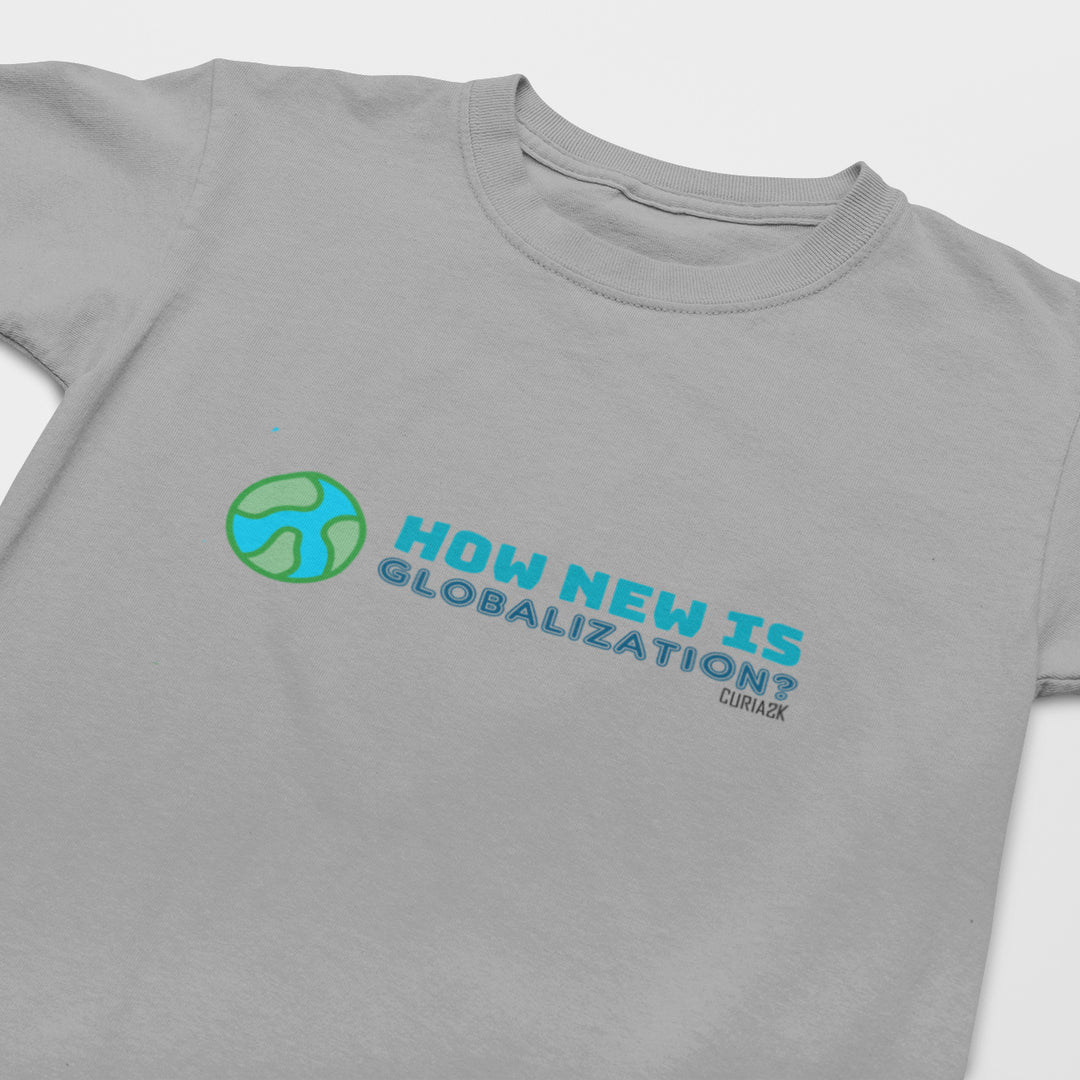 Kid's T-shirt with question How New is Globalization printed on it Tshirt color_gray