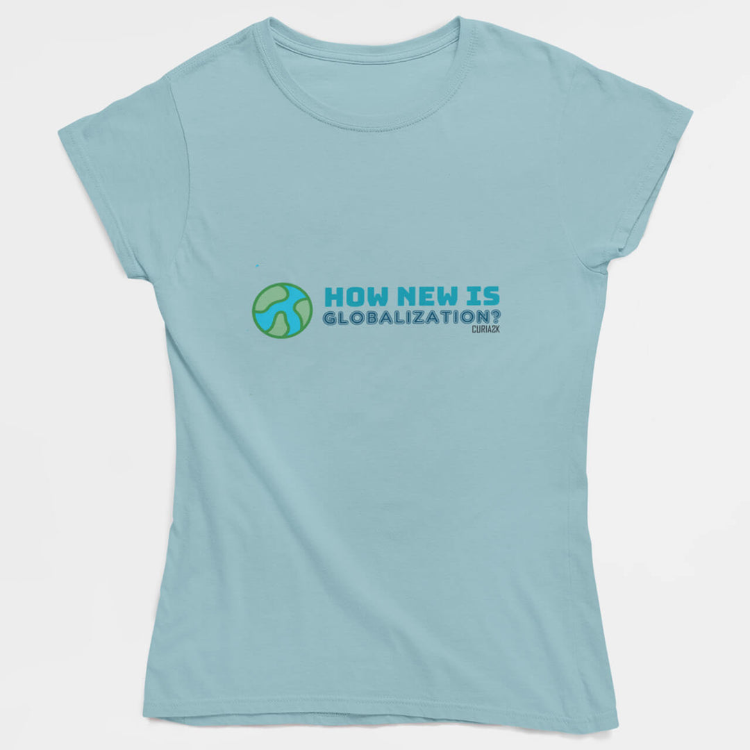 Adults T-Shirt with question How new is Globalization printed on it. Color is Pale Blue.