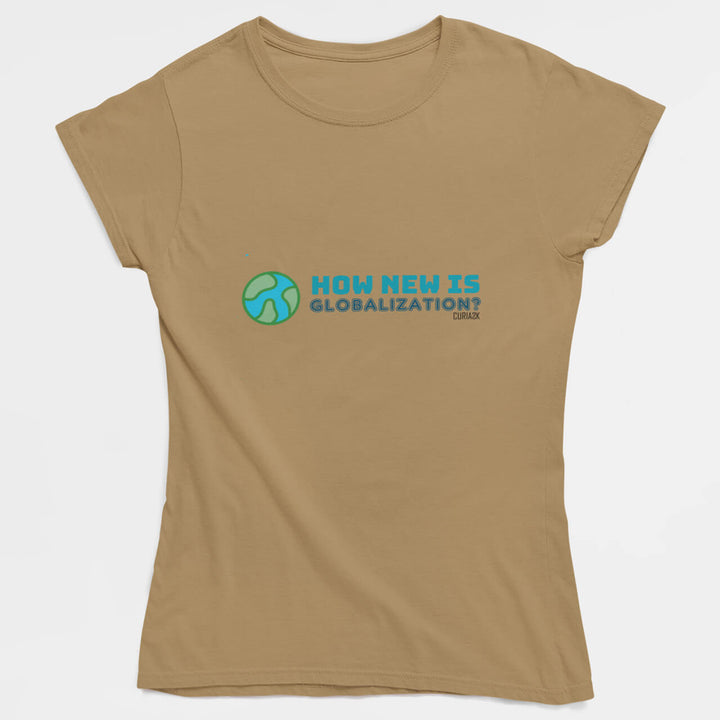 Adults T-Shirt with question How new is Globalization printed on it. Color is Tan.