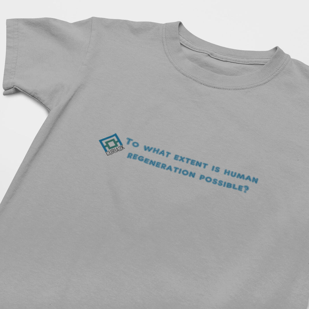 Kid's T-Shirt with question To what extent is human regeneration possible printed on it. Color is Gray.