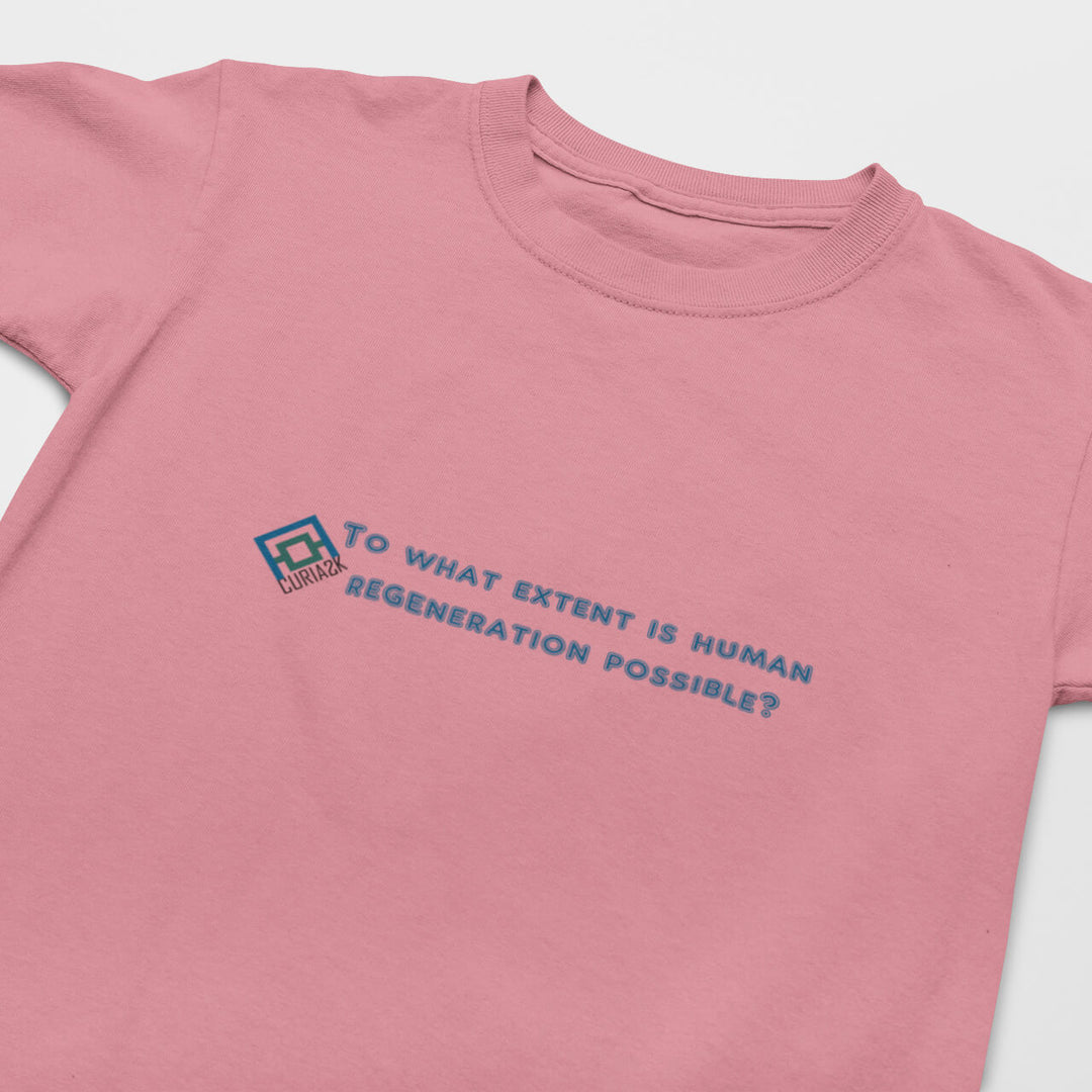 Kid's T-Shirt with question To what extent is human regeneration possible printed on it. Color is Pink.