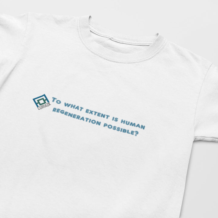 Kid's T-Shirt with question To what extent is human regeneration possible printed on it. Color is White.