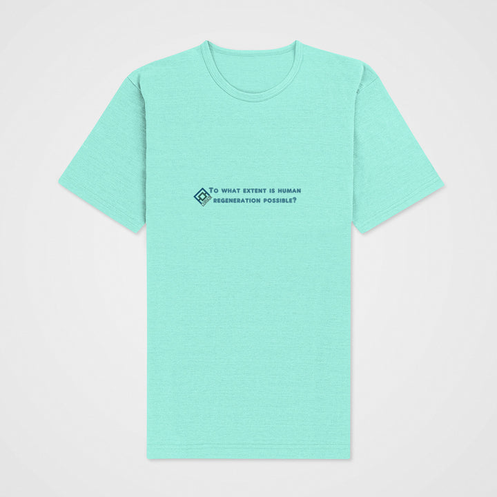 Adult's T-Shirt with question To what extent is human regeneration possible printed on it. Color is Aqua.