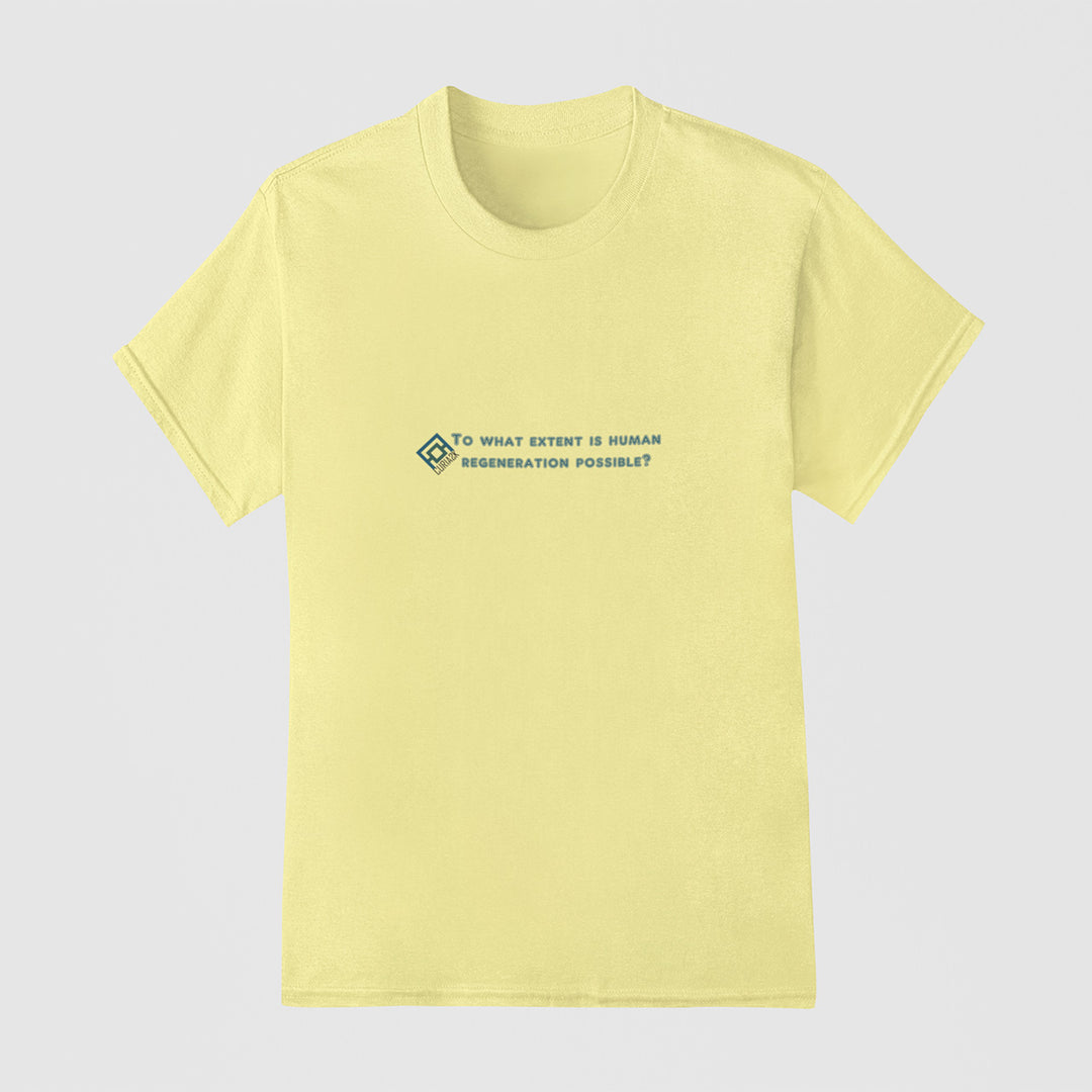 Adult's T-Shirt with question To what extent is human regeneration possible printed on it. Color is Lemon.