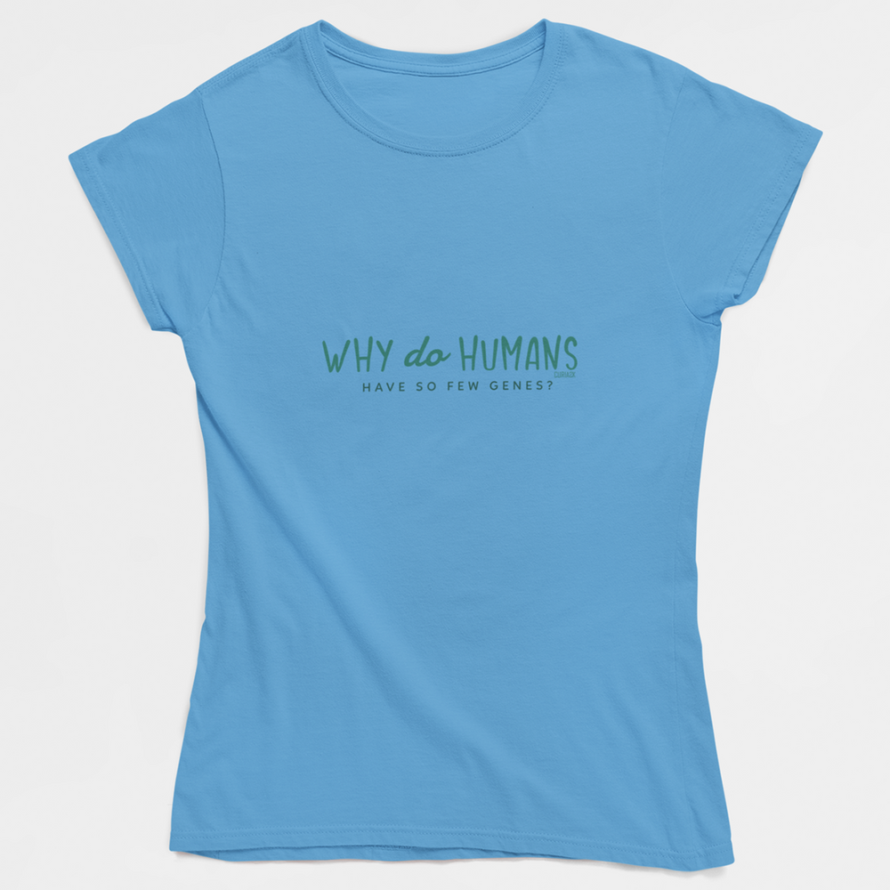 Adult's T-Shirt with Question Why do Humans have so few genes printed on it. Color is Caroline Blue.