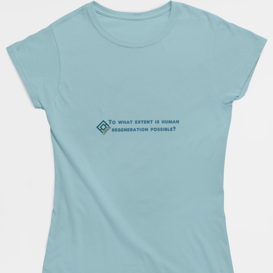 Adult's T-Shirt with question To what extent is human regeneration possible printed on it. Color is Pale Blue.