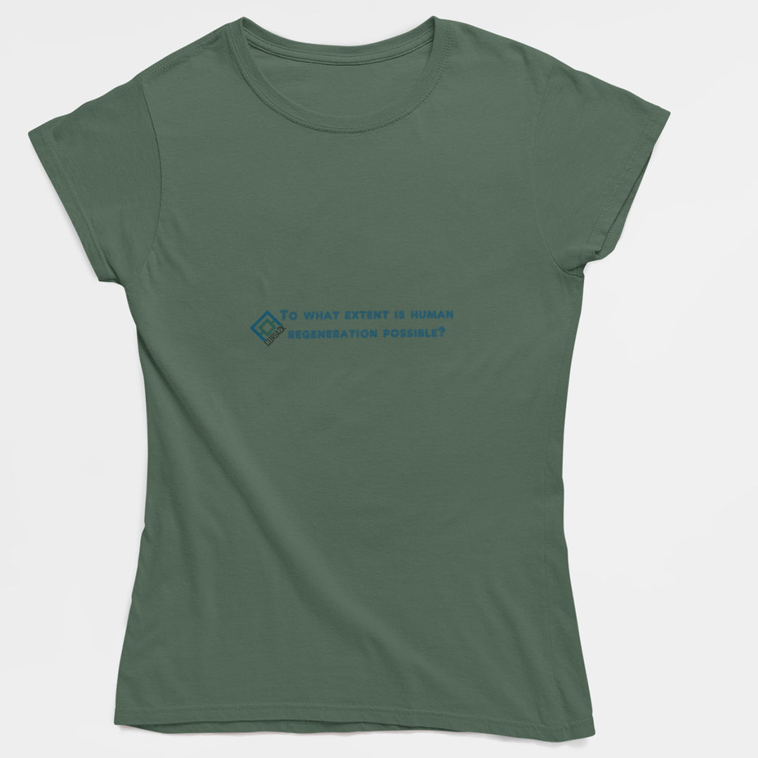 Adult's T-Shirt with question To what extent is human regeneration possible printed on it. Color is Sage.