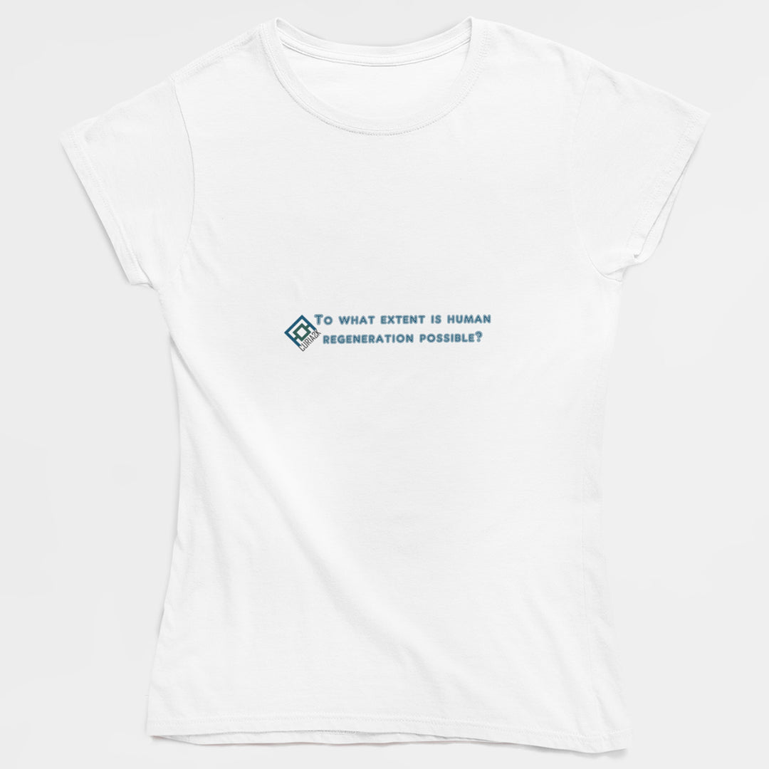 Adult's T-Shirt with question To what extent is human regeneration possible printed on it. Color is White.