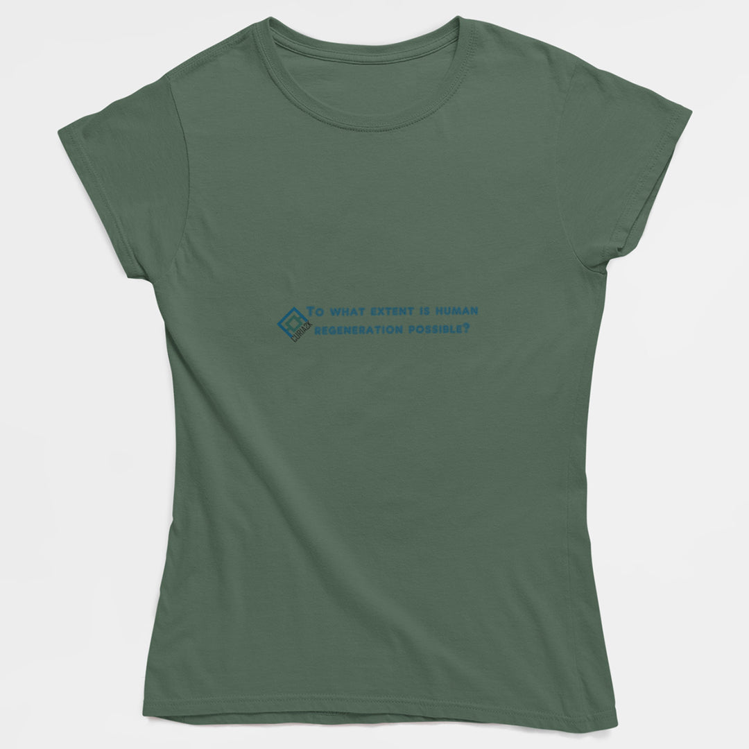 Adult's T-Shirt with question What causes Ice Ages printed on it. Color is Sage.