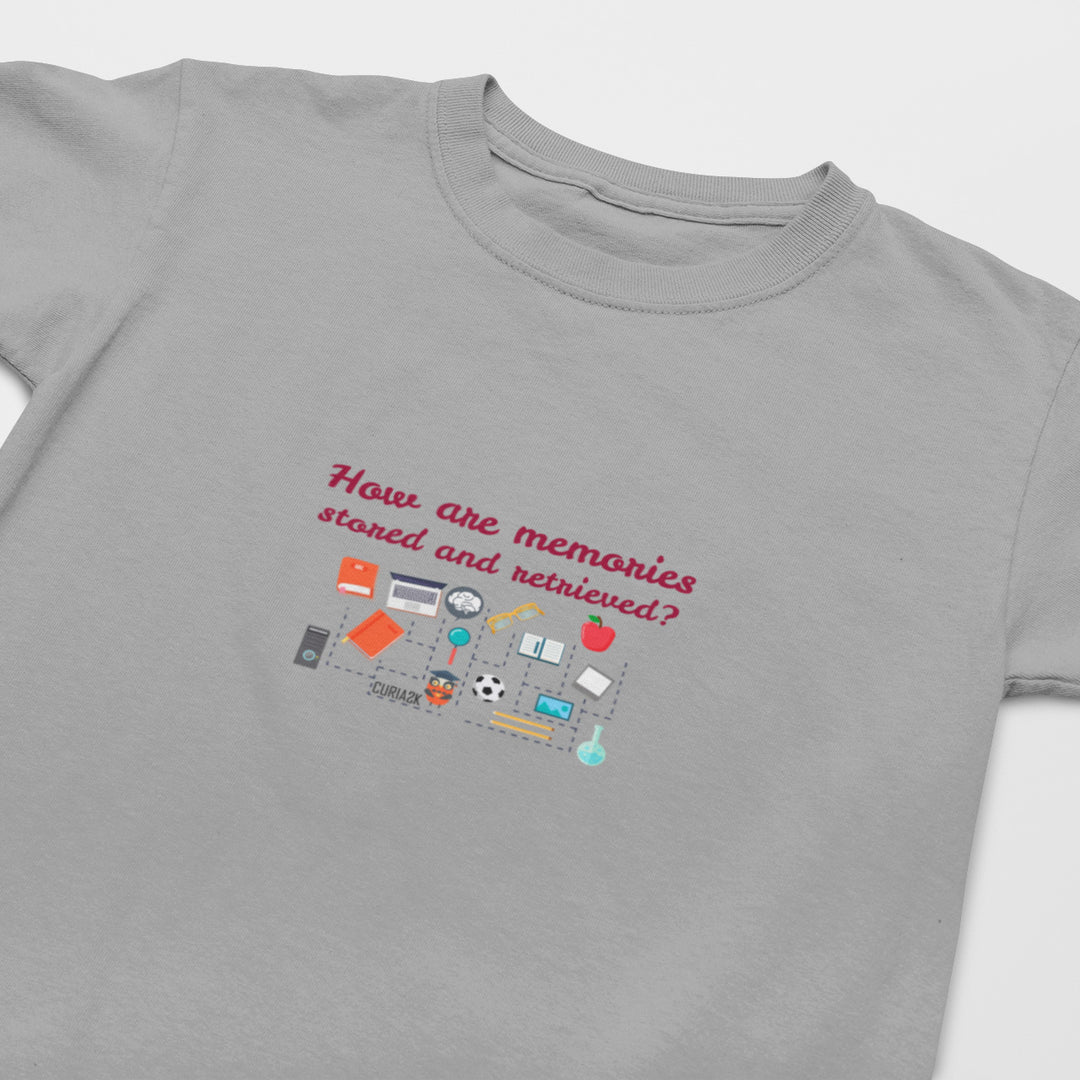 Kid's T-Shirt with question How are memories stored and retrieved printed on it. Color is Gray.