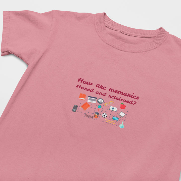 Kid's T-Shirt with question How are memories stored and retrieved printed on it. Color is Pink.