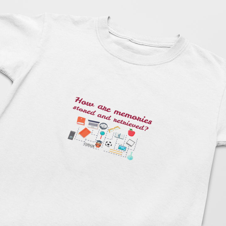 Kid's T-Shirt with question How are memories stored and retrieved printed on it. Color is White.