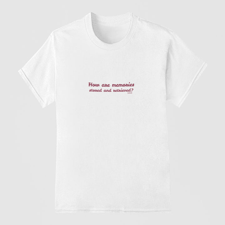 Adult's T-Shirt with question How are memories stored and retrieved printed on it. Color is White.