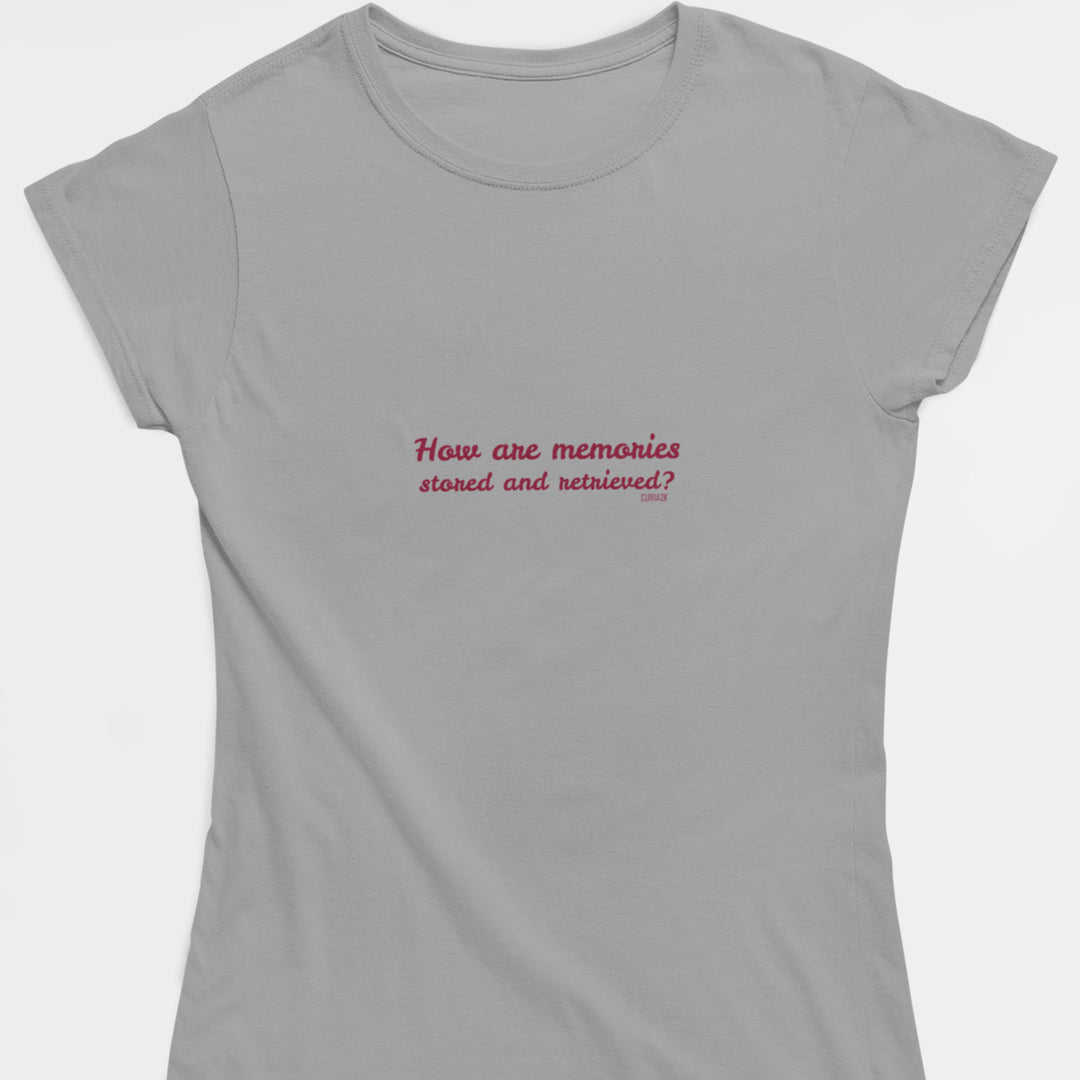 Adult's T-Shirt with question How are memories stored and retrieved printed on it. Color is Gray.