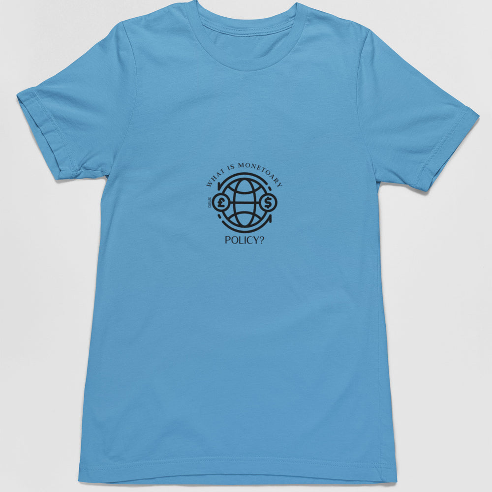 Adult's T-Shirt with question What is Monetary Policy printed on it. Color is Caroline Blue.