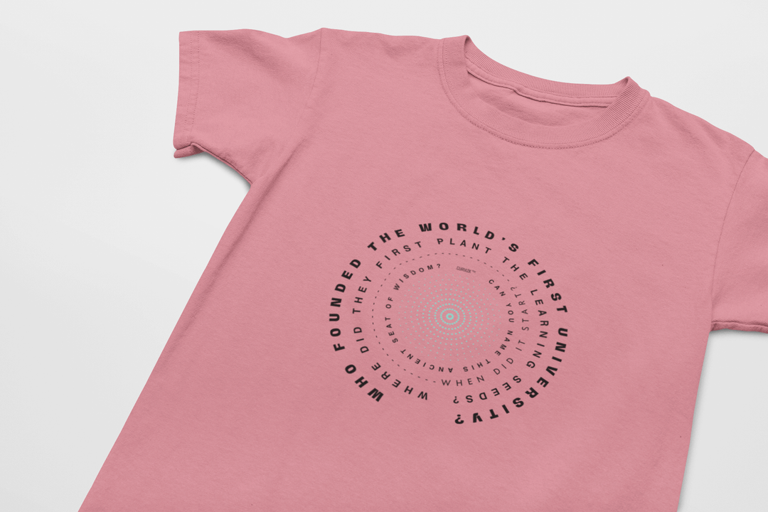 Printed Kids T-Shirt asking about Oldest University in Pink | Short Sleeve Kids Tee | Curiask
