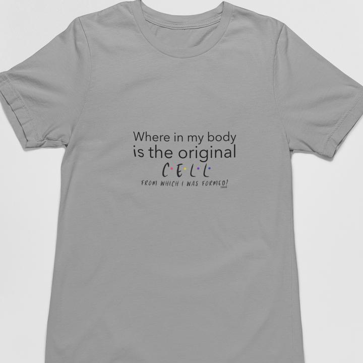 Adult's T-Shirt with question Where in my body is the original cell from which I was formed printed on it. Color is Gray.