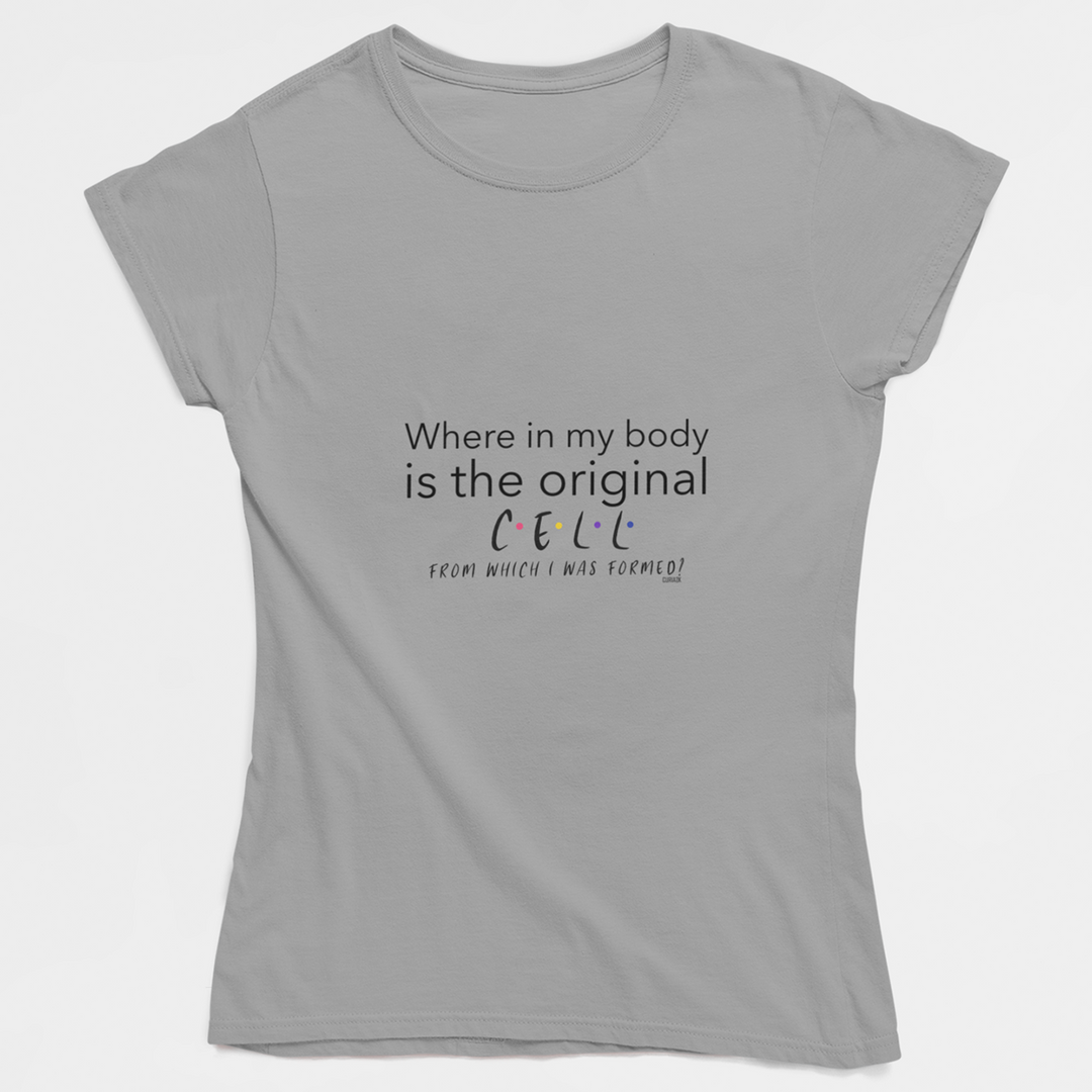 Adult's T-Shirt with question Where in my body is the original cell from which I was formed printed on it. Color is Gray.