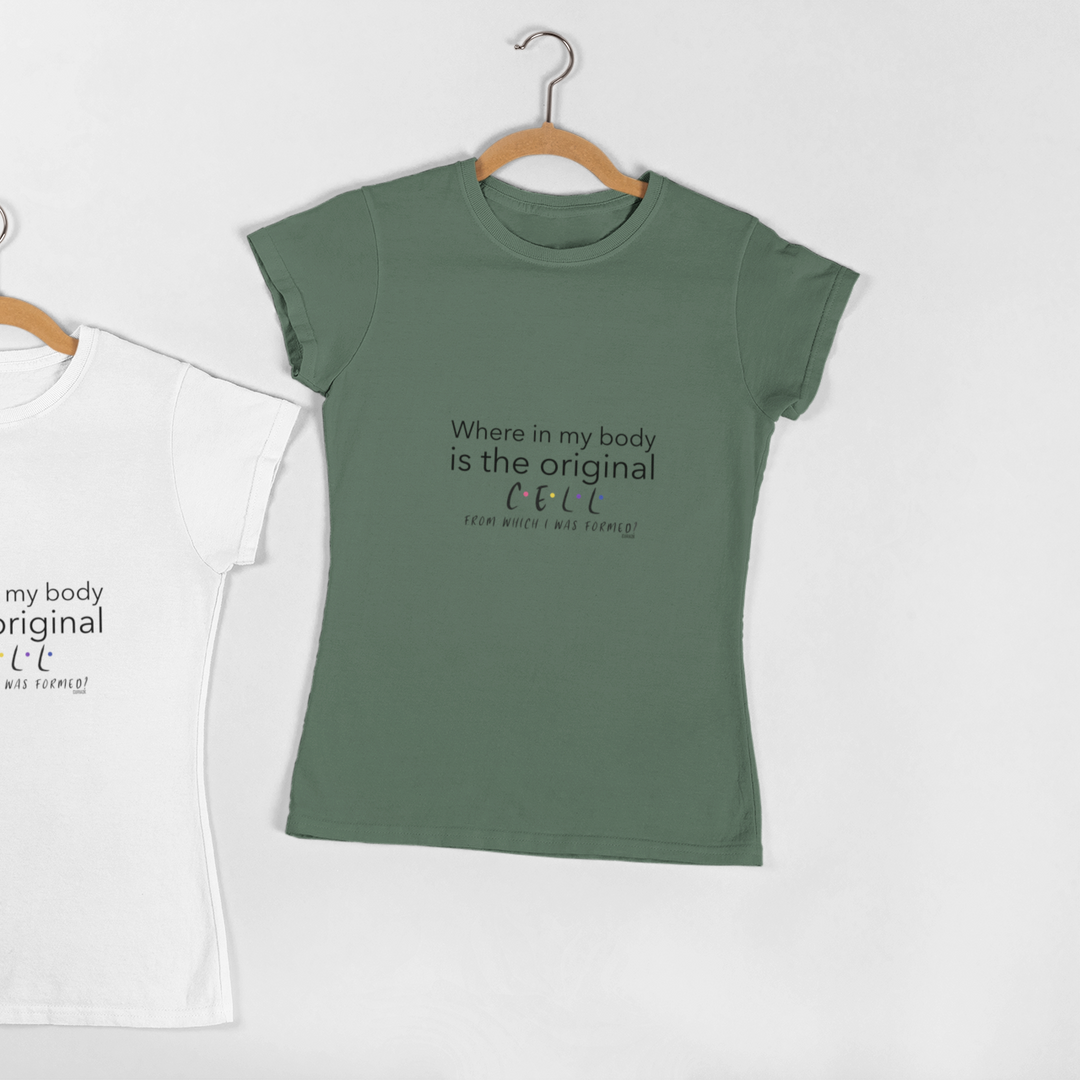 Adult's T-Shirt with question Where in my body is the original cell from which I was formed printed on it. Color is Sage.