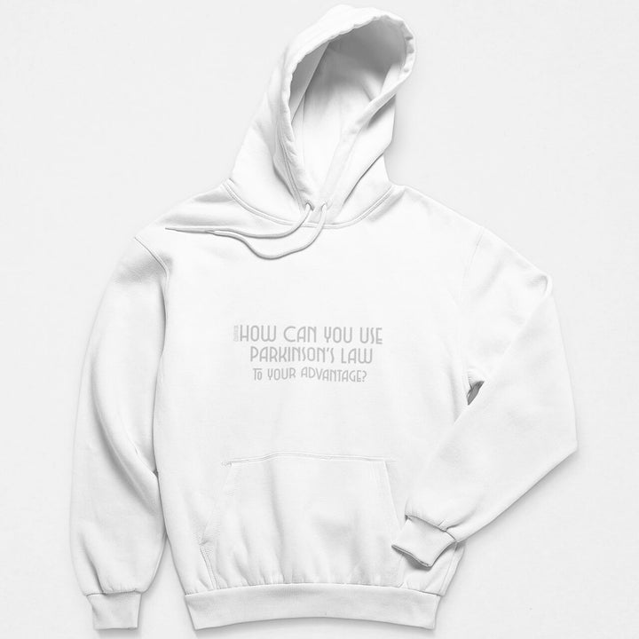 Printed Adult Hoodie with Parkinson's Law-based Print in White | Long Sleeve Soft Graphic Hoodies by Curiask