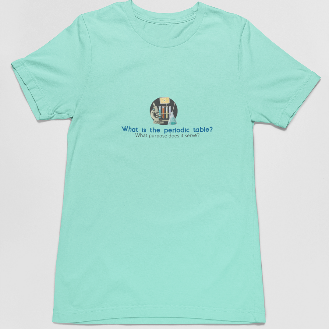 Adult's T-Shirt with question What is the Periodic Table? What purpose does it serve printed on it. Color is Aqua.