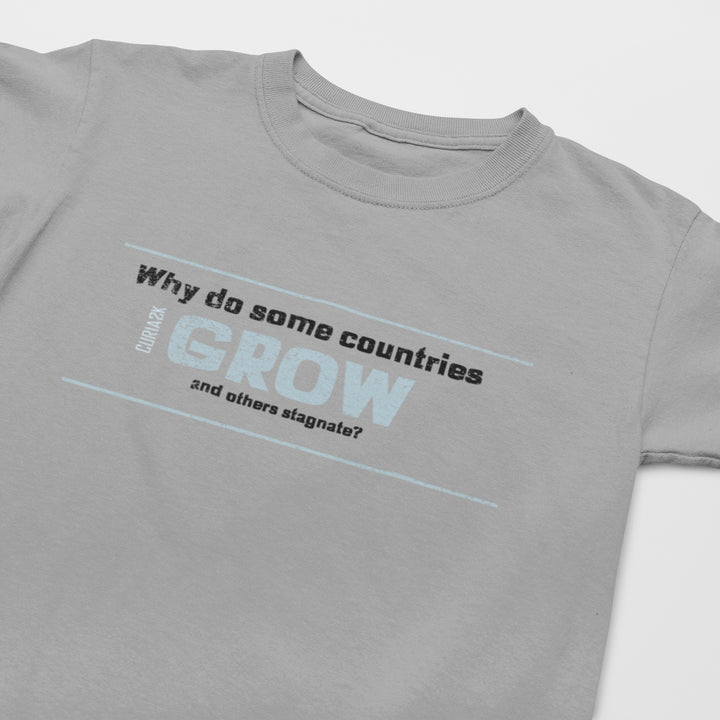 Kid's T-Shirt with Question Why do some countries grow and others stagnate printed on it. Color is Gray.