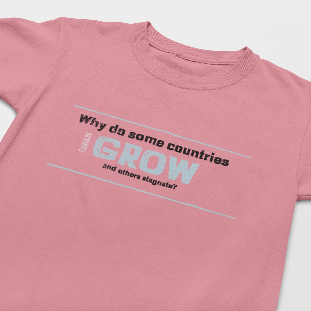 Kid's T-Shirt with Question Why do some countries grow and others stagnate printed on it. Color is Pink.