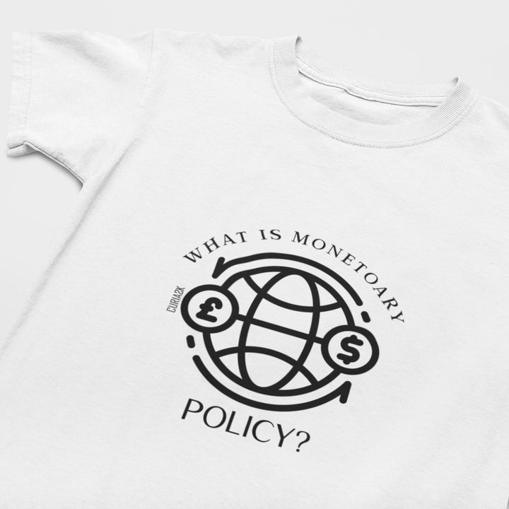 Kid's T-Shirt with question What is Monetary Policy printed on it. Color is White.