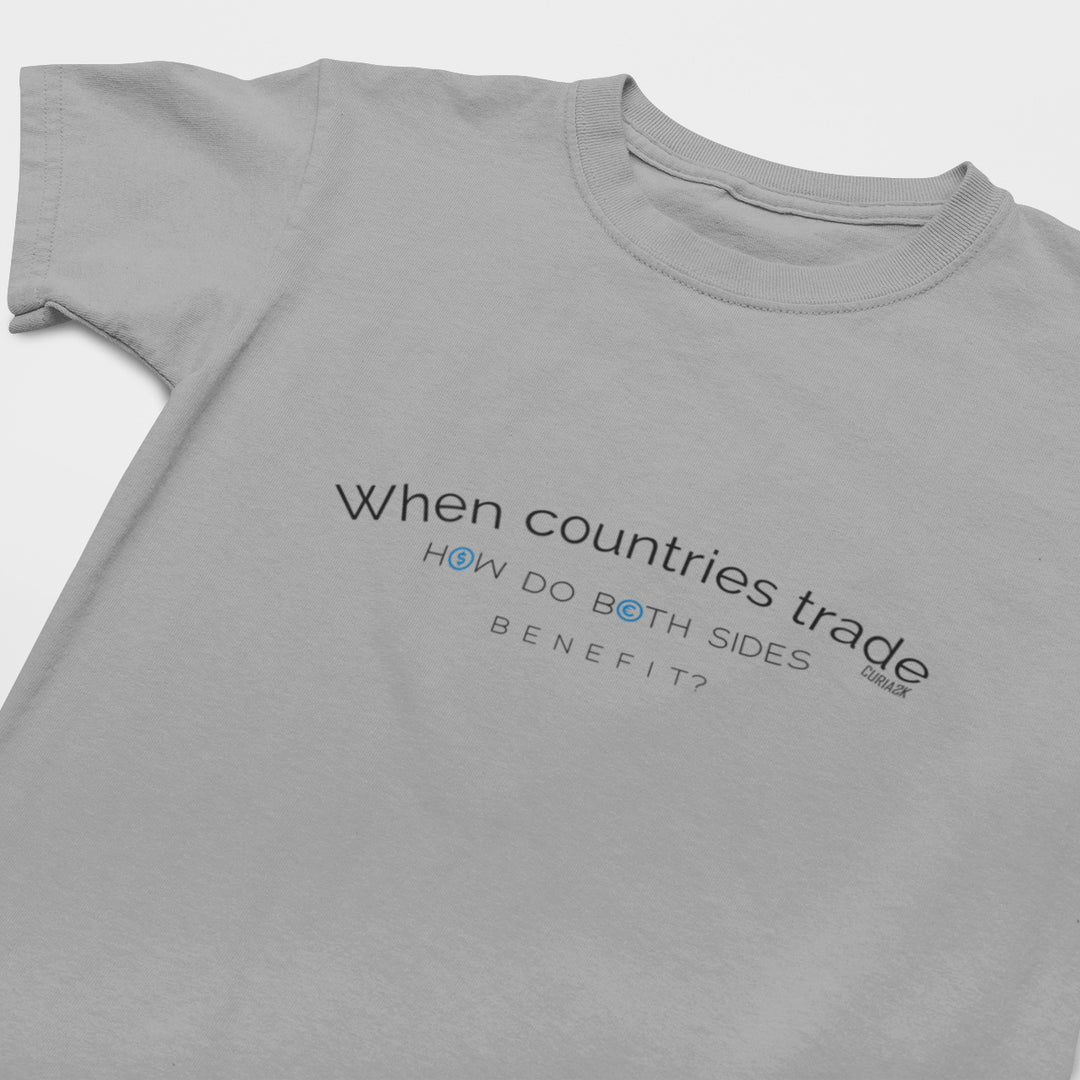 Kids T-Shirt with question When countries trade how do both side benefit printed on it. Color is Gray.