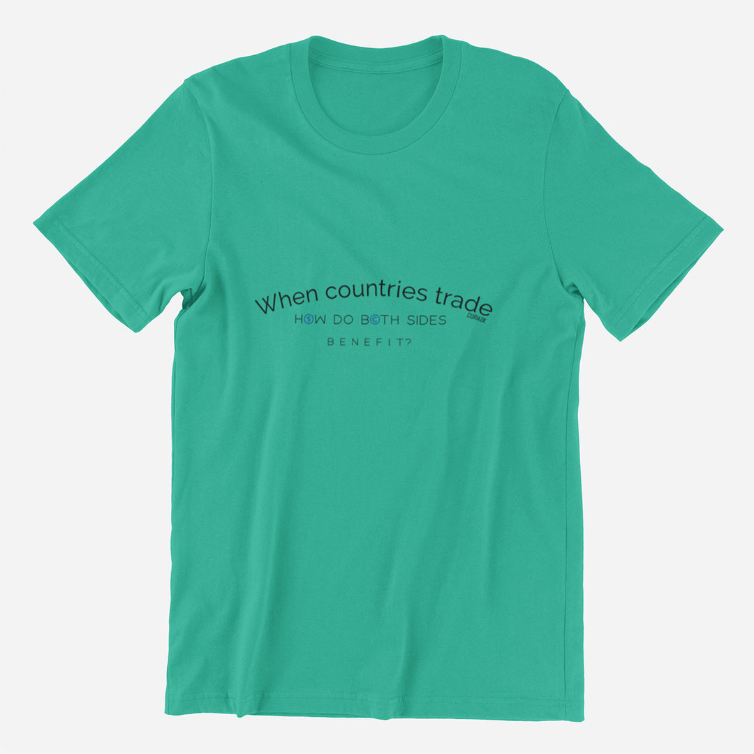 Adults T-Shirt with question When countries trade how do both side benefit printed on it. Color is Teal.