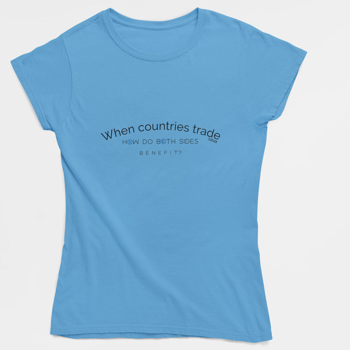 Adults T-Shirt with question When countries trade how do both side benefit printed on it. Color is Caroline Blue.