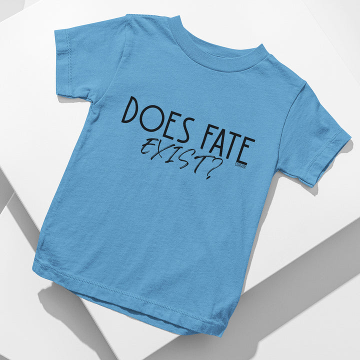 Kid's T-Shirt with question Does fate exist printed on it. Color is Caroline Blue.