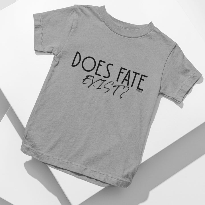 Kid's T-Shirt with question Does fate exist printed on it. Color is Gray.