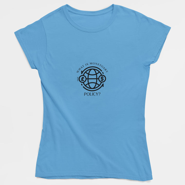 Adult's T-Shirt with question What is Monetary Policy printed on it. Color is Caroline Blue.